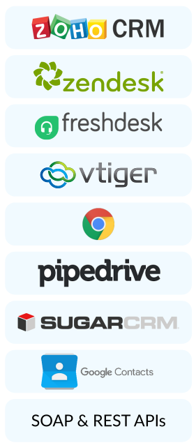 Integraciones soportadas: ZohoCRM, Zendesk, Freshdesk, vTiger, Chrome, Pipedrive, SugarCRM, Google Contacts y API propia