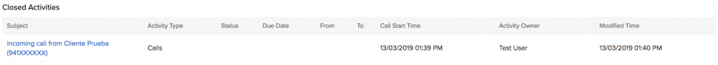 Zoho CRM Call list